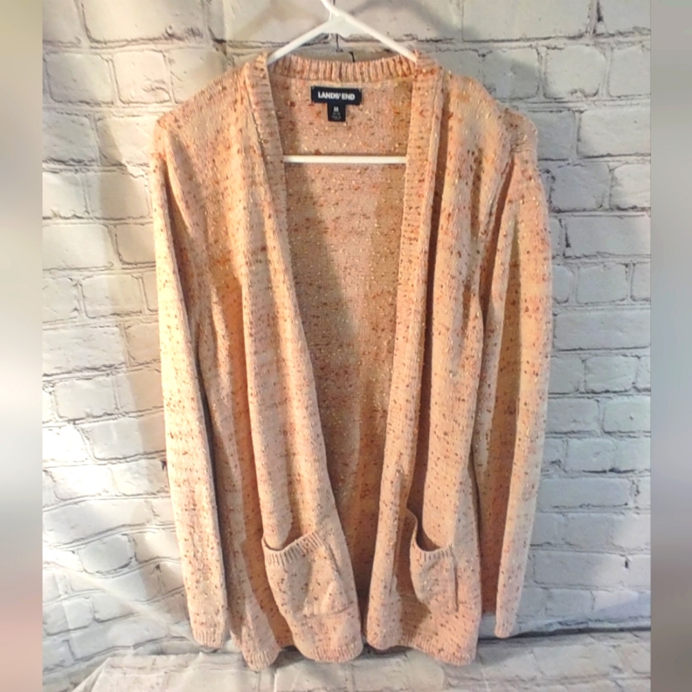 Lands' End Women's Cardigan Pink Marled Open Knit Textured Coastal Sweater M